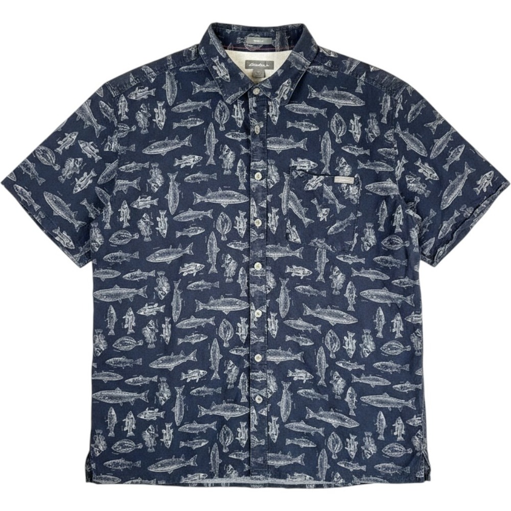 Eddie Bauer Shirt Men XL Classic Fit Navy Fish Print Cotton/Linen Btn Down EUC